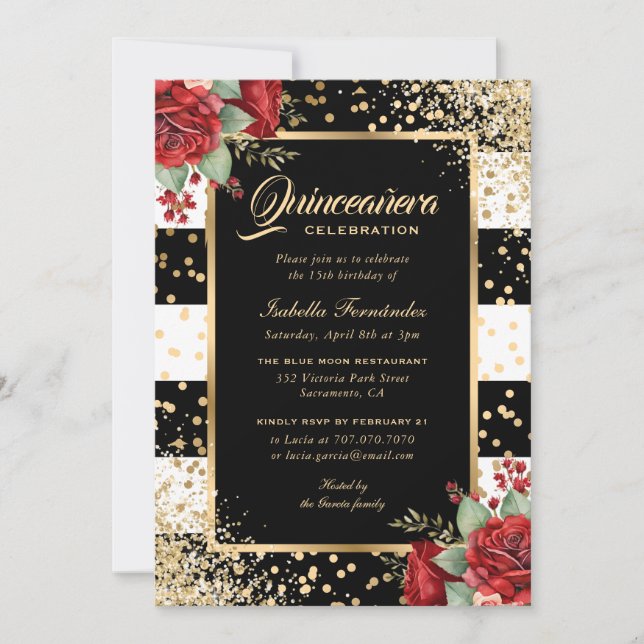 Red Roses Black Gold Confetti Floral Quinceañera Invitation (Front)
