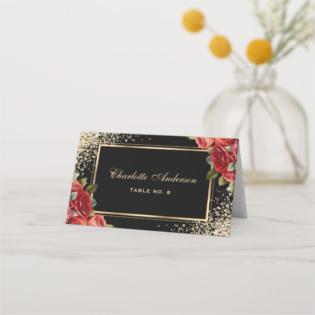 Red Roses Black Gold Floral Place Card (Front)