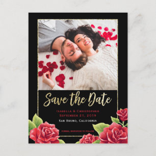 Red Roses Black & Gold Glitter Save the Date Photo Announcement Postcard