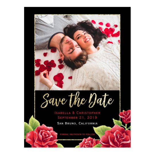 Red Roses Black & Gold Glitter Save the Date Photo Postcard
