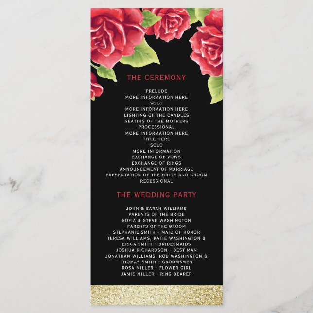 Red Roses Black & Gold Glitter Wedding Program Programme (Front)