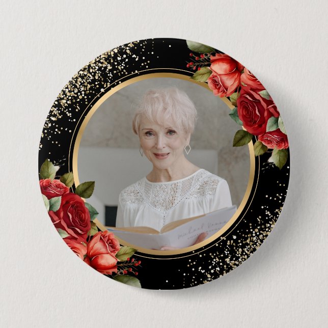 Red Roses Black Gold Photo 7.5 Cm Round Badge (Front)