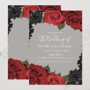 Red Roses & Black Lace Grey Chic Wedding Invitation