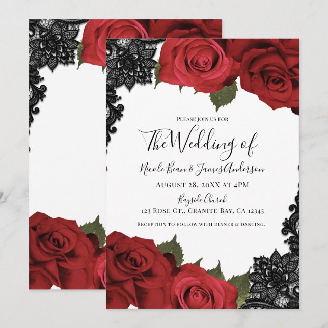 Red Roses & Black Lace White Chic Wedding  Invitation (Front/Back)