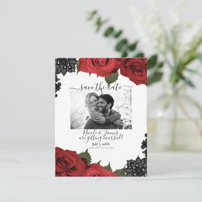 Red Roses Black Lace White Wedding Save the Date  Invitation (Standing Front)