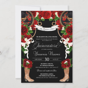 Red Roses & Black Mariachi/Charro Quinceanera Invitation
