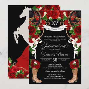 Red Roses & Black Mariachi Vaquera Quinceanera Invitation