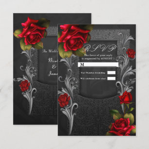 Red Roses Black Ornate Glam Wedding RSVP Reply   Invitation