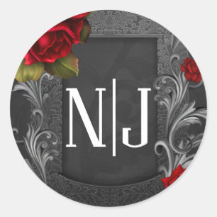 Red Roses Black Ornate Gothic Wedding Favour Classic Round Sticker