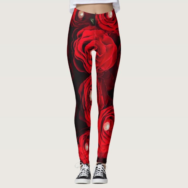 red roses black pearl floral leggings (Front)