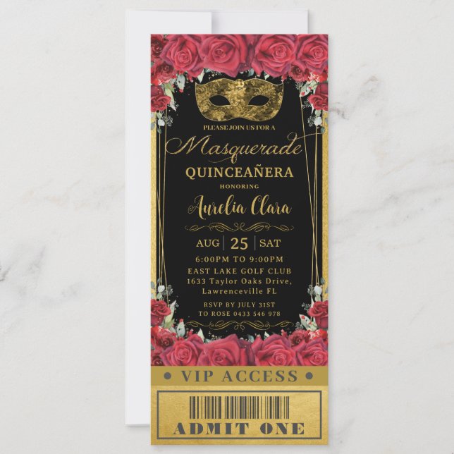 Red Roses Black Quinceañera Masquerade VIP Ticket Invitation (Front)