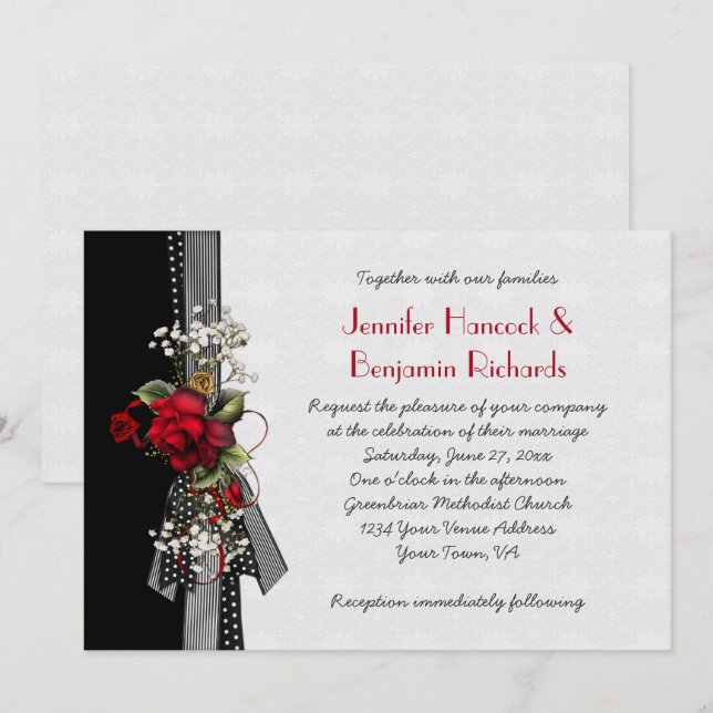 Red Roses Black Ribbons Wedding Invitations (Front/Back)