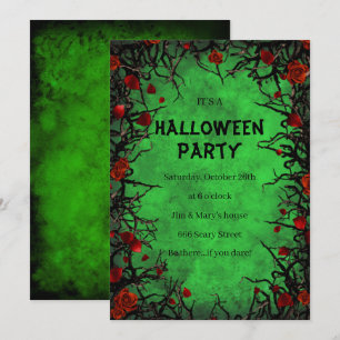 Red Roses Black Vines Green Parchment Halloween  Invitation