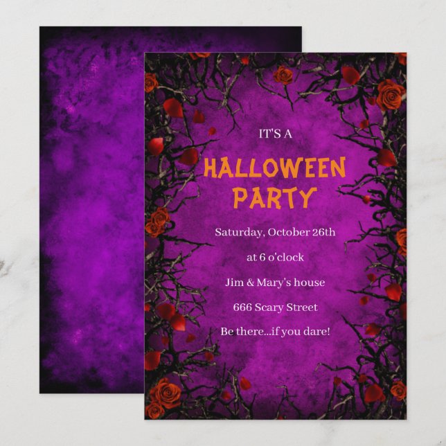 Red Roses Black Vines Purple Parchment Halloween  Invitation (Front/Back)