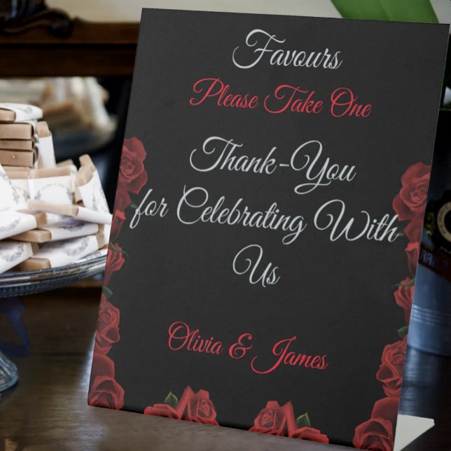 Red Roses Black Wedding Favours Pedestal Sign (Creator Uploaded)