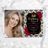 Red Roses Black White Damask Photo 50th Birthday
