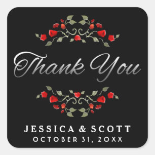 Red Roses Black & White Matching Wedding Thank You Square Sticker