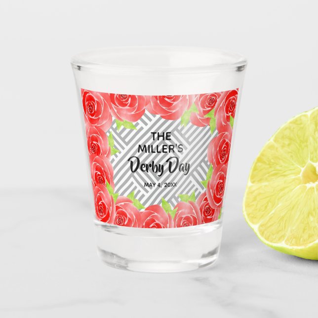 Red Roses Black White Stripes Derby Day Shot Glass (Front)