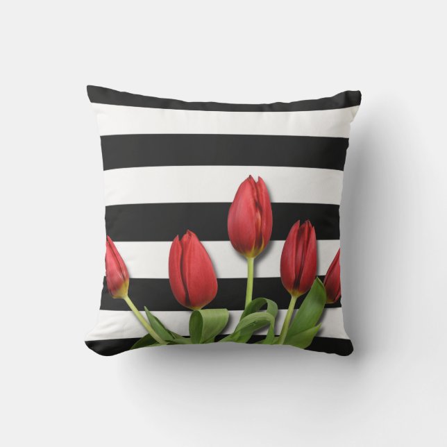 Red Roses & Black White Stripes Design Cushion (Front)