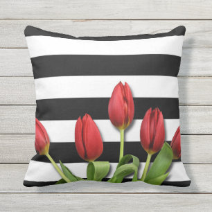 Red Roses & Black White Stripes Design Cushion