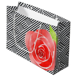Red Roses Black White Stripes Large Gift Bag