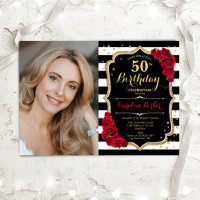 Red Roses Black White Stripes Photo 50th Birthday