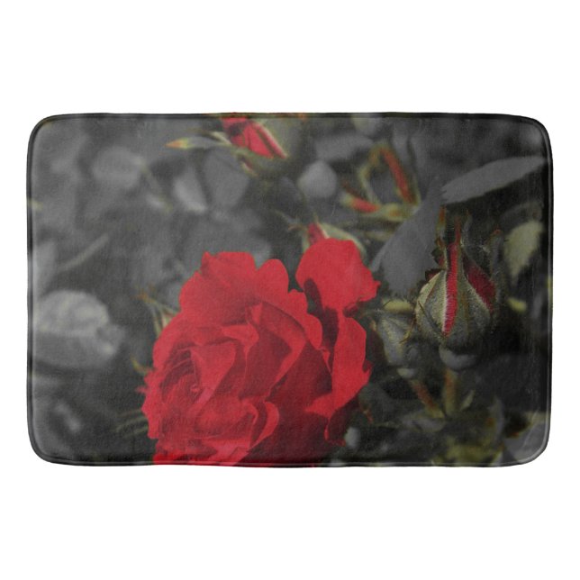 red roses bloom scroll on dark grey bath mat (Front)