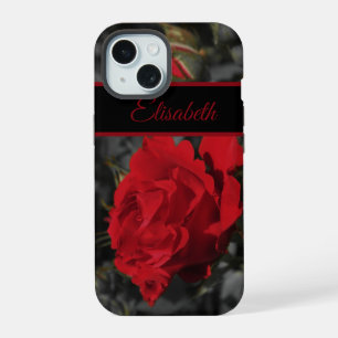 red roses bloom scroll on dark grey iPhone 15 case