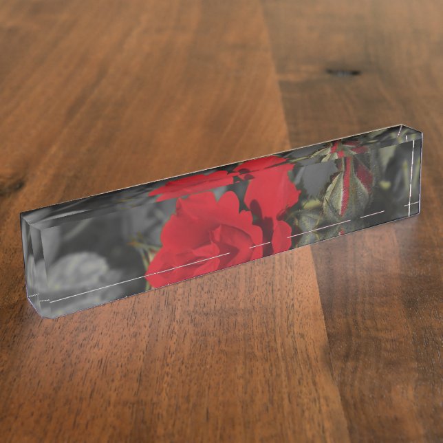 red roses bloom scroll on dark grey nameplate (Side)