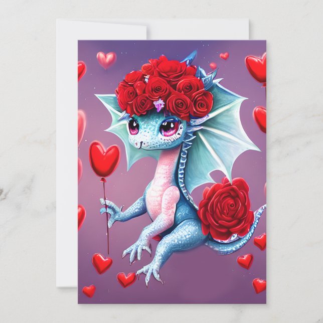 Red Roses Blue Dragon Valentine Fantasy  Holiday Card (Front)