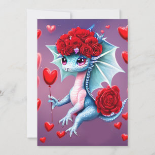 Red Roses Blue Dragon Valentine Fantasy  Holiday Card