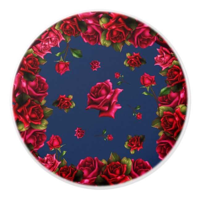 Red Roses Blue Floral Shabby Chic Glam Country Ceramic Knob (Front)