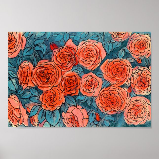 Red  Roses, Blue Leaves Rose Garden Summer Flowers Poster (Front)