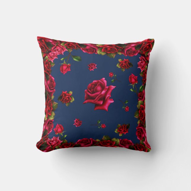 Red Roses Blue Shabby Chic Floral Glam Cushion (Front)
