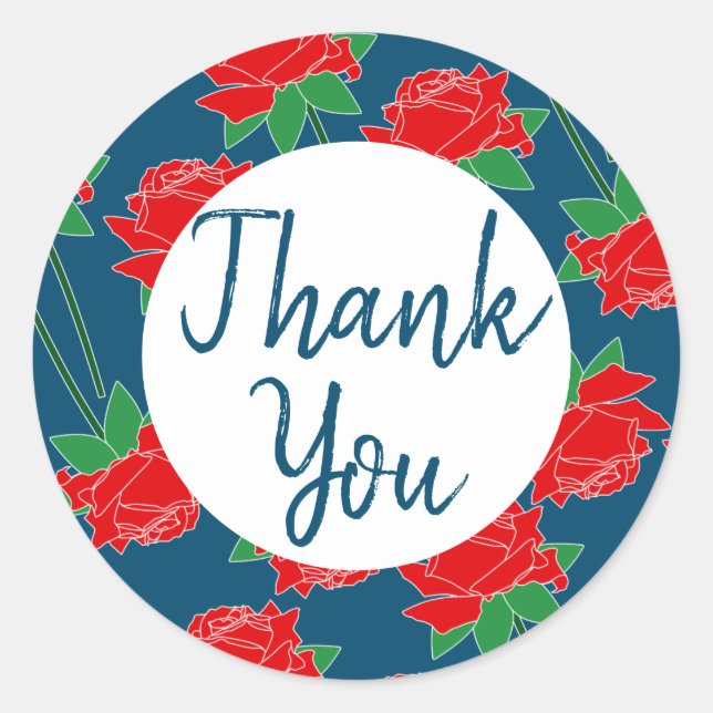 Red Roses & Blue Thank You Script Classic Round Sticker (Front)