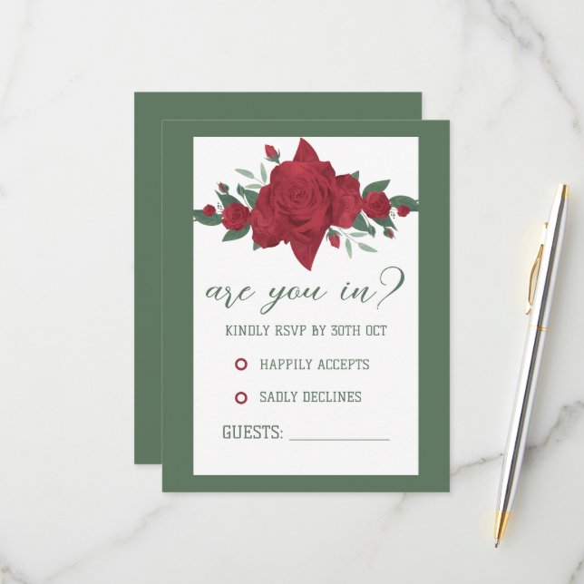 Red Roses Boho Wedding RSVP Card (Front/Back In Situ)