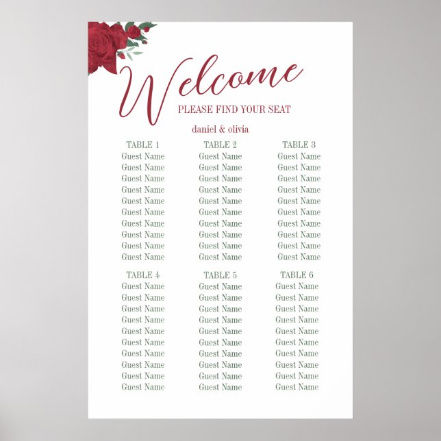 Red Roses Boho Wedding Seating Charts (Front)