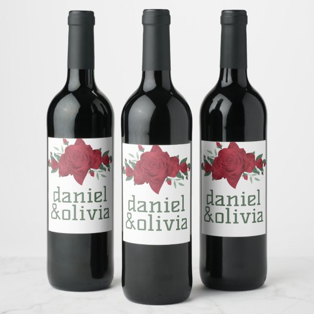 Red Roses Boho Wedding Wine Label (Bottles)