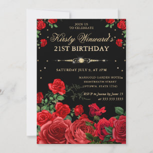 Red Roses Border Floral 21st Birthday Invitation