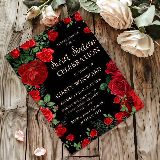 Red Roses Border Floral Sweet Sixteen Invitation (Creator Uploaded)