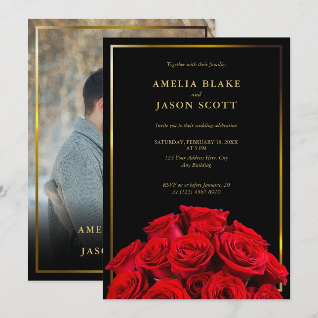 Red Roses Bouquet | Black Gold Frame Photo Wedding Invitation (Front/Back)
