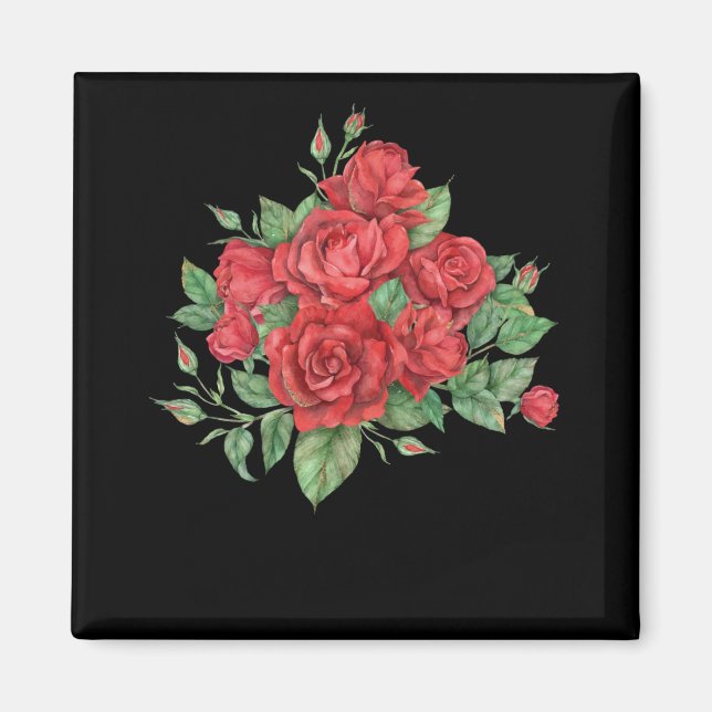 Red Roses Bouquet Floral Illustration Magnet (Front)