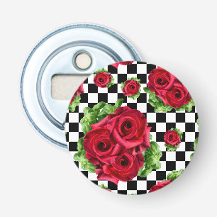 Red Roses Bouquet Floral Love Rockabilly Checkered Bottle Opener