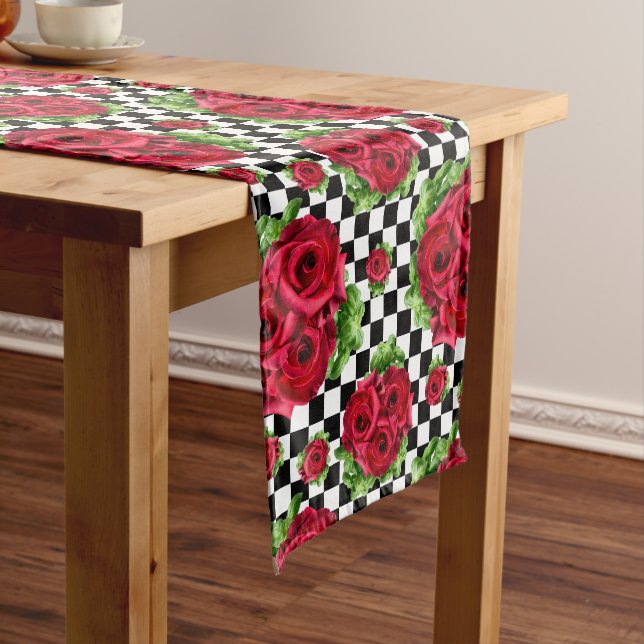 Red Roses Bouquet Floral Love Rockabilly Checkered Medium Table Runner (In Situ)