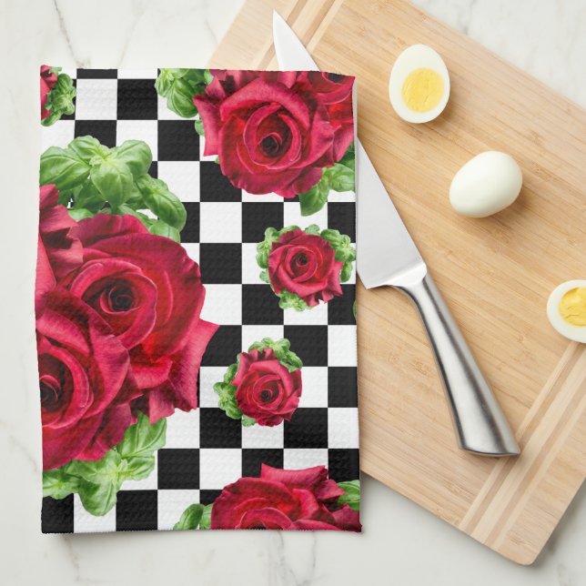 Red Roses Bouquet Floral Love Rockabilly Checkered Tea Towel (Quarter Fold)