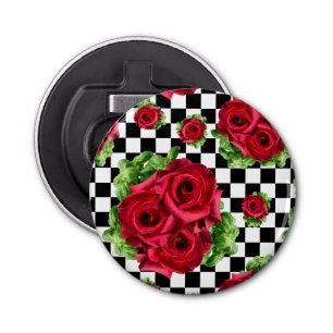 Red Roses Bouquet Floral Love Rockabilly Chequered Bottle Opener