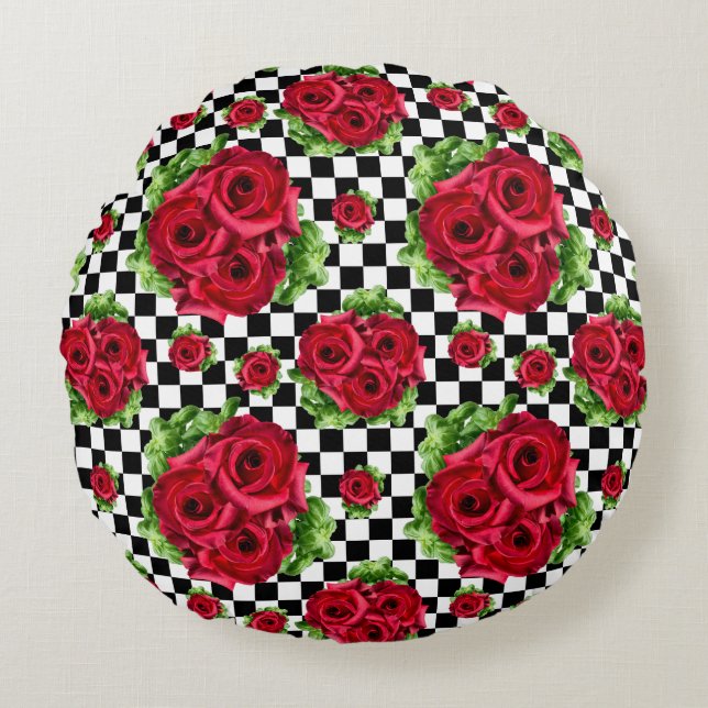 Red Roses Bouquet Floral Love Rockabilly Round Cushion (Front)