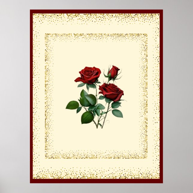 Red Roses Bouquet Framed with Gold Dots Canvas Poster (Front)