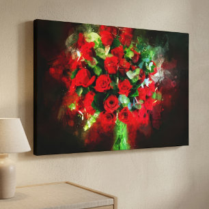 Red Roses Bouquet Watercolor on Black Background Canvas Print