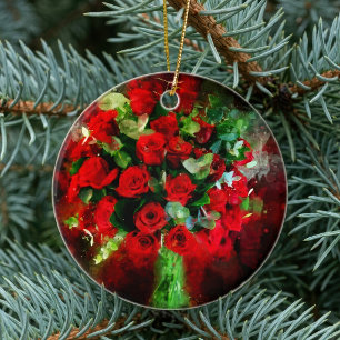 Red Roses Bouquet Watercolor on Black Background Ceramic Tree Decoration